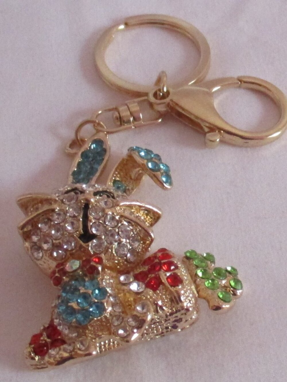 Enameled Bunny Keychain and Mirror in Goldtone Multi Color Austrian Crystal